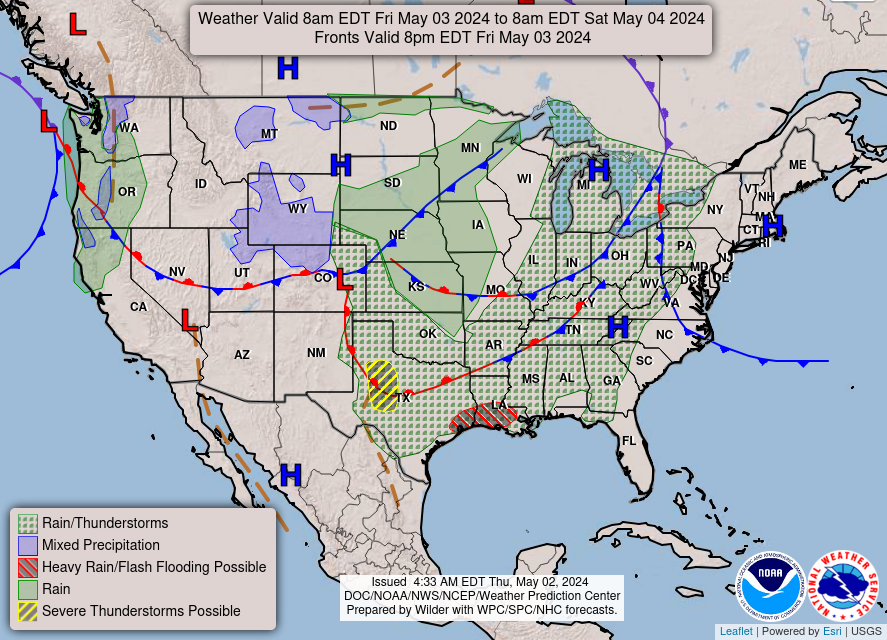 Periods of heavy rainfall are expected across the Lower Mississippi Valley and Gulf Coast Friday. A strong Pacific storm will impact the Pacific Northwest and Great Basin Friday through the weekend, bringing high elevation snow, lower elevation rain, and strong winds.