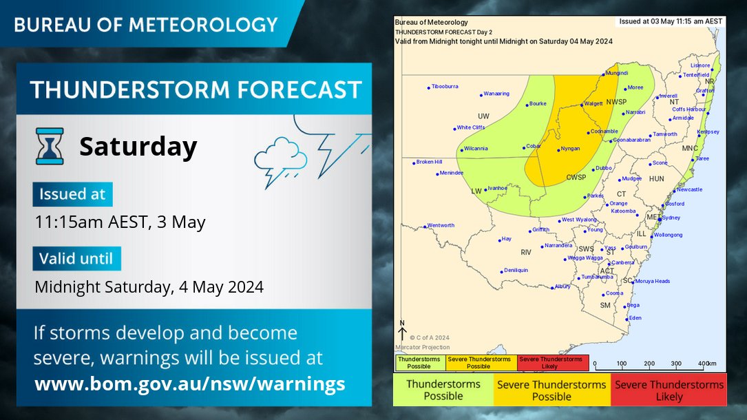 ⛈️NSW Thunderstorms forecast tomorrow (Sat 4/5): Thunderstorms are possible in the central and northern inland. Some slow-moving storms in the area may bring localised heavy falls and a risk of flash flooding.