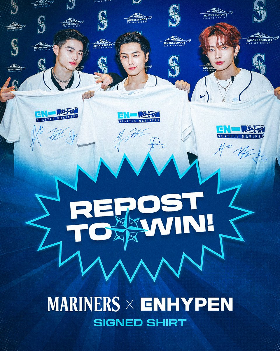 🎵 REPOST TO WIN 🎵 We’re giving away an @ENHYPEN x Mariners T-shirt autographed by JAY, HEESEUNG and NI-KI, and all you have to do is hit that repost button for a chance to win! #ENHYPEN