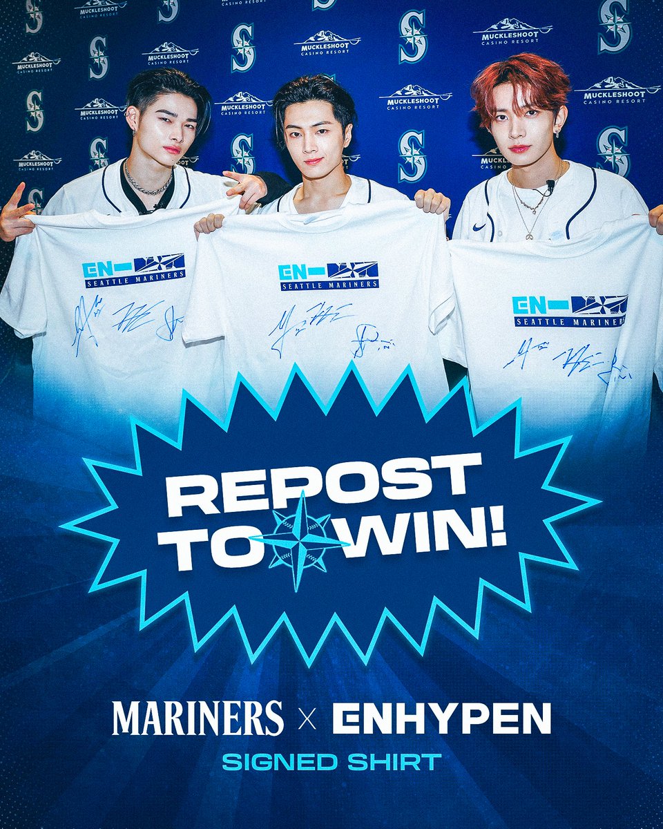 Seattle Mariners (@mariners) on Twitter photo 🎵 REPOST TO WIN 🎵
We’re giving away an <a href="/ENHYPEN/">ENHYPEN OFFICIAL</a> x Mariners T-shirt autographed by JAY, HEESEUNG and NI-KI, and all you have to do is hit that repost button for a chance to win! #ENHYPEN 🎵 REPOST TO WIN 🎵
We’re giving away an <a href="/ENHYPEN/">ENHYPEN OFFICIAL</a> x Mariners T-shirt autographed by JAY, HEESEUNG and NI-KI, and all you have to do is hit that repost button for a chance to win! #ENHYPEN