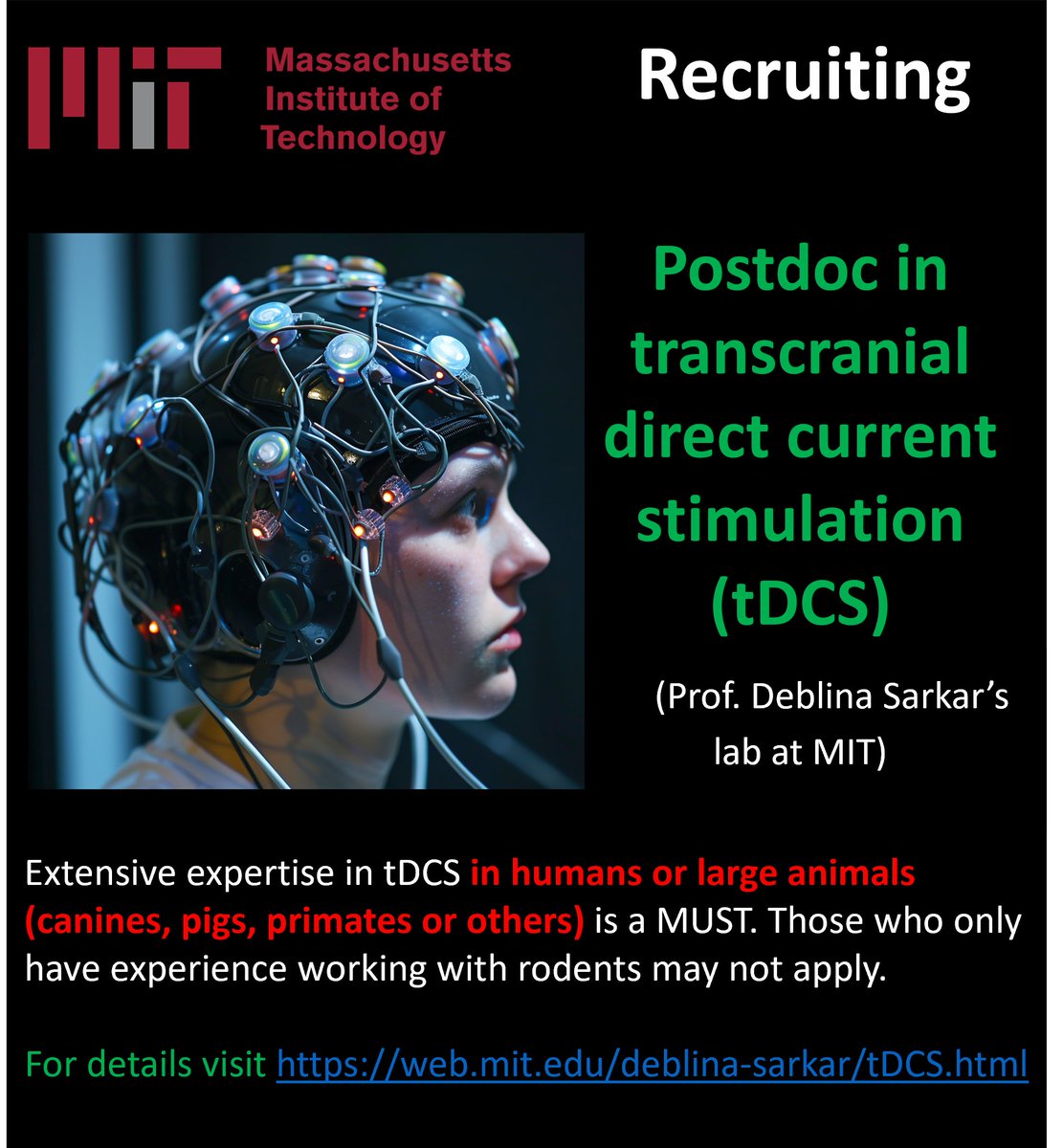 Deblina Sarkar (@deblinasarkar59) on Twitter photo Pls #share. Fully funded position in my lab
<a href="/MIT/">Massachusetts Institute of Technology (MIT)</a> for a #postdoc with extensive expertise in transcranial Direct Current Stimulation (#tDCS). Expertise with tDCS in #humans or #large #animals (canines, pigs, primates and others) is a MUST. Those you have worked only with rodents Pls #share. Fully funded position in my lab
<a href="/MIT/">Massachusetts Institute of Technology (MIT)</a> for a #postdoc with extensive expertise in transcranial Direct Current Stimulation (#tDCS). Expertise with tDCS in #humans or #large #animals (canines, pigs, primates and others) is a MUST. Those you have worked only with rodents