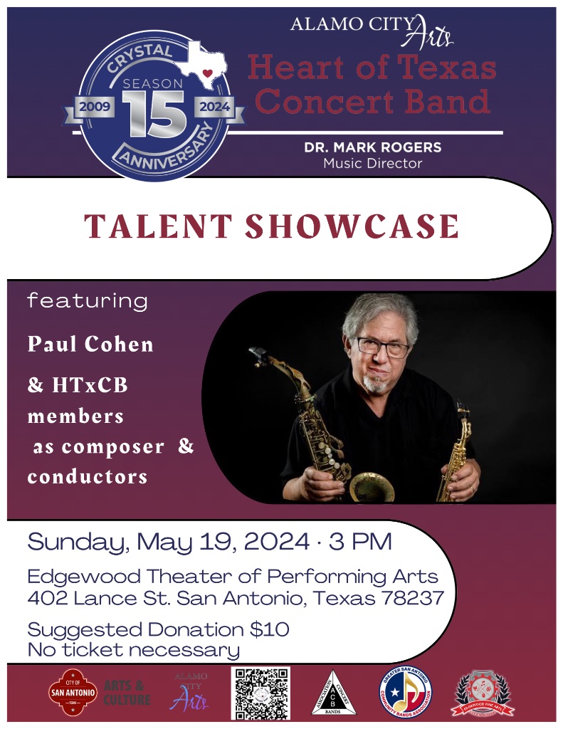 htxcb's tweet image. HTxCB Talent Showcase 
Sun May 19   3PM
Edgewood Theater- Performing Arts
402 Lance St
San Antonio, TX 78237

Paul Cohen- Elegy, by Jack Stamp, on the Connosax,
Premiere of Zatarra, by Marty Hill
Conductors: Darion Campbell,
Michael Casas, Benjamin Grabber,
Thomas Esperiqueta