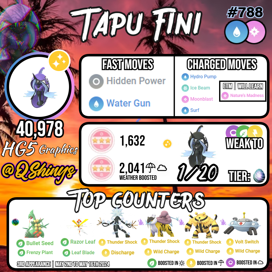 Tapu Fini returns to Tier 5 Raids from May 2nd (10am LT) to May 16th (10am LT).

🌴 Nature's Madness ETM Move available when caught or using ETM.
✨ Shiny Tapu Fini is available!
⚔ Tapu Fini ranks #88 in Great, #3 in Ultra, & #55 in Masters for GBL!

#PokemonGO | #HG5Graphics