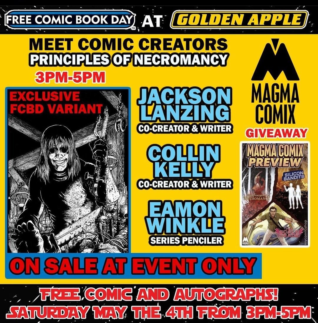 I'll be celebrating #FreeComicBookDay this Saturday at @GAppleComics, signing Necromancy books with @JacksonLanzing and @cpkelly and the great folks at @MagmaComix Also in keeping with the theme, if anyone can correctly guess my favorite Star Wars character, you'll win a prize