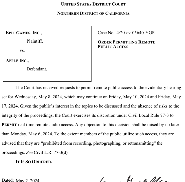 +1 for small wins for public access. Another district court just announced audio line for an Apple app store antitrust hearing next Wed. This comes same day as audio access to US v Google antitrust search trial which last Fall suffered from closed courtrooms, sealed docs and…