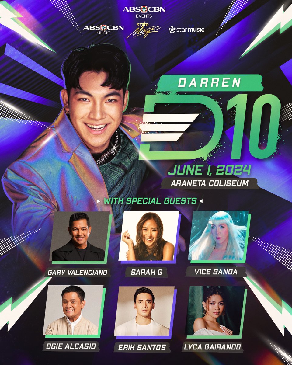 WALANG BIBITAW SA BIGATING LINEUP OF #D10 SPECIAL GUESTS 💚 Joining @Espanto2001's 10th Anniversary Concert are @GaryValenciano1, @JustSarahG, @vicegandako, @ogiealcasid, @realeriksantos, and Lyca Gairanod. Get your tickets here: 🎟️ tinyurl.com/D10ConcertTick…