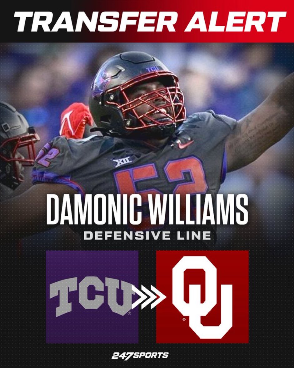 BREAKING: Former TCU standout DL Damonic Williams has committed to @OU_Football 🔥 The former Freshman All-American is headed to play for the Sooners. 🔗 247sports.com/college/oklaho…