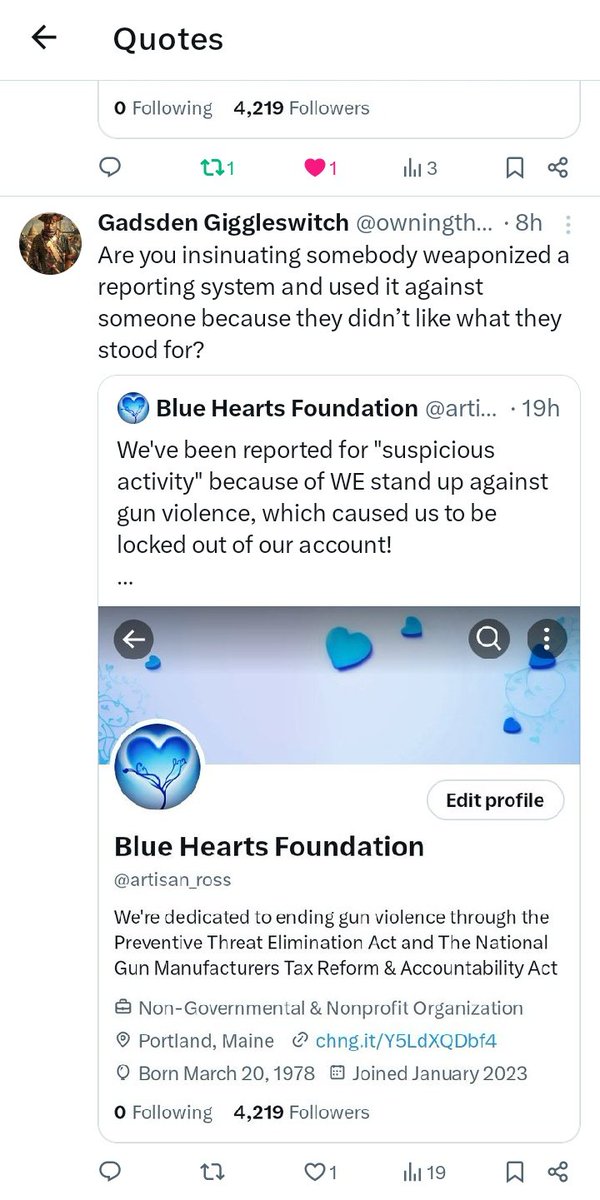 @AuthorDavidSto1 💙 David, it's really discouraging to see our account targeted just because we're advocating our Congressional Acts and other sensible Gun Reforms. 

This is most definitely is we're 'their' at, unfortunately! #PTEA #TaxReformEqualsGunReform
#BlueHeartsMovement💙