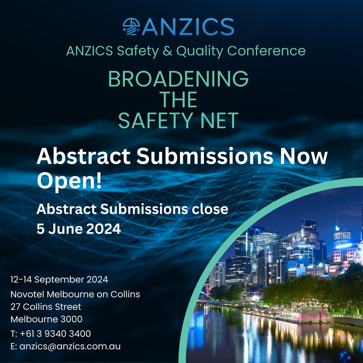 📢 Call for abstracts now open for the 2024 ANZICS Safety and Quality Conference! 🎉 Abstract Guidelines available on our website: Click the link for more info: anzics.com.au/anzics-safety-… #ANZICS #SafetyQuality #Conference #CallForAbstracts