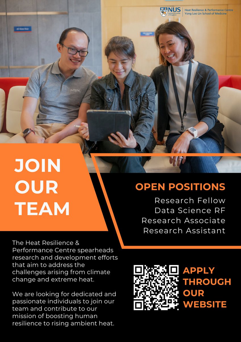 Passionate about heat resilience? Join us! At HRPC, you will be a part of a multi-disciplinary team of researchers and experts, all united by our shared passion for empowering humans to thrive in a warming world. If you're interested, click here: medicine.nus.edu.sg/hrpc/get-invol…