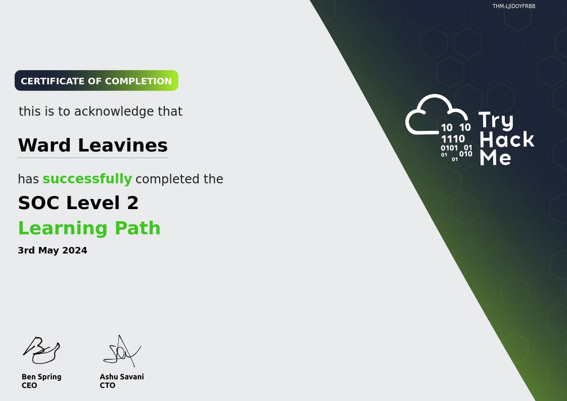 After 2 long months, I had finally earned my certificate of the SOC Level 2 Learning Path on @RealTryHackMe. Not only that it had reinforced my prior knowledge in the Cyber Security field from my Security+ studies, I had also gained new skills mastering the variety of tools.