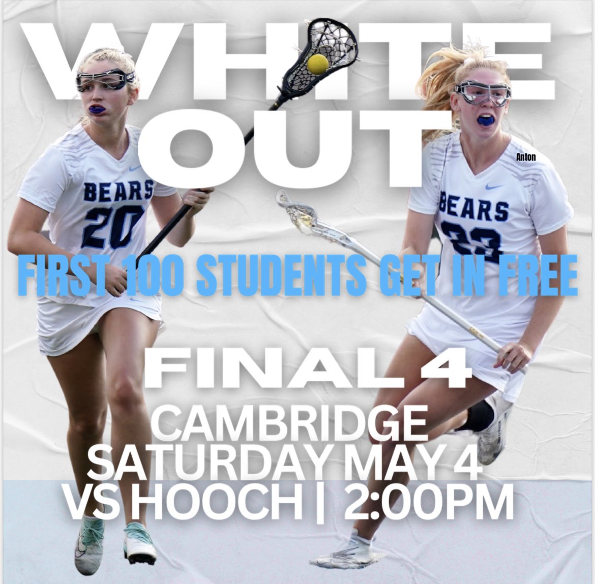 First 💯 students get in free!!!! 🤍🐻🥍 Final 4 Saturday 2:00pm Cambridge Stadium Vs hooch White Out! @Cambridge_AD