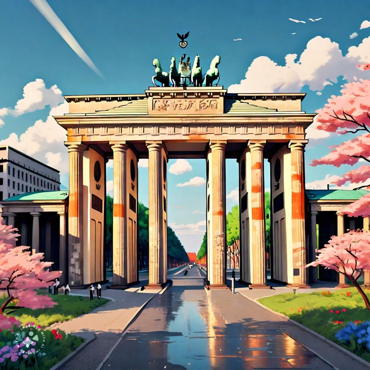 View of the Brandenburg gate, Germany at the end of the First Cold War, during the spring time. Japanese movie style cartoon with vibrant colors.