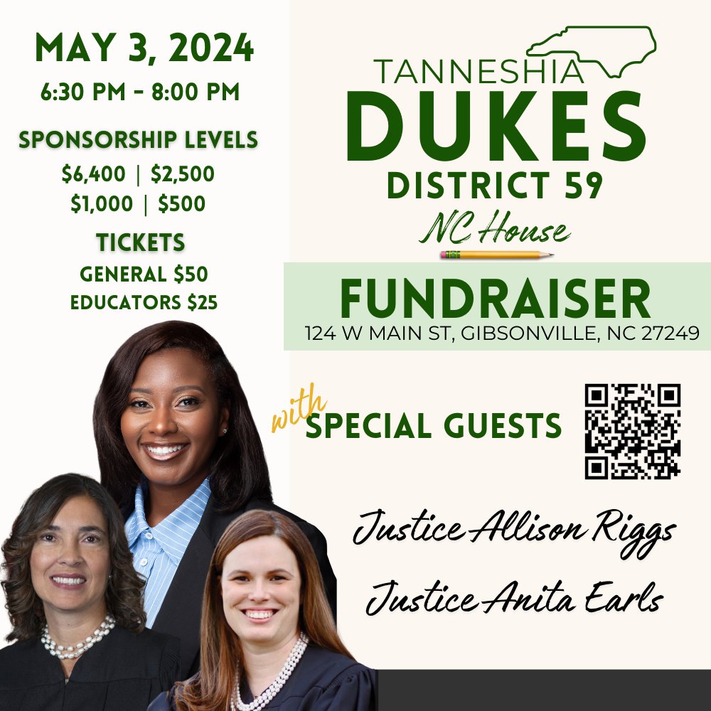 TRIAD! Come to the fundraiser tomorrow (Friday) to elect our next representative in NC HD-59, @Dukes4NC! Can't make it but still want to help defeat an anti-abortion MAGA Republican? Donate here: secure.actblue.com/donate/dukesea…