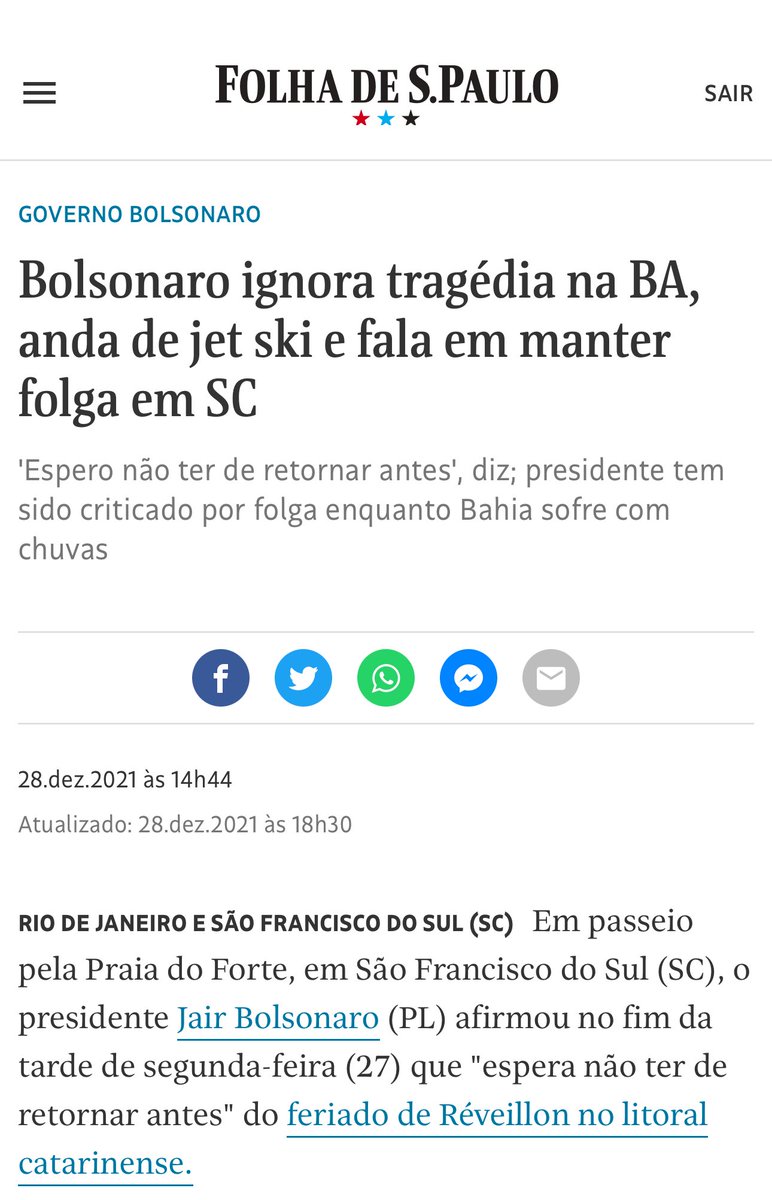 A diferença entre termos um presidente e termos um genocida no poder. Quando a Bahia foi arrasada pelas chuvas, o vagabundo q odiava trabalhar foi passar férias em SC e andar de jetski. Ao ser entrevistado, falou: “espero não ter que voltar antes”.