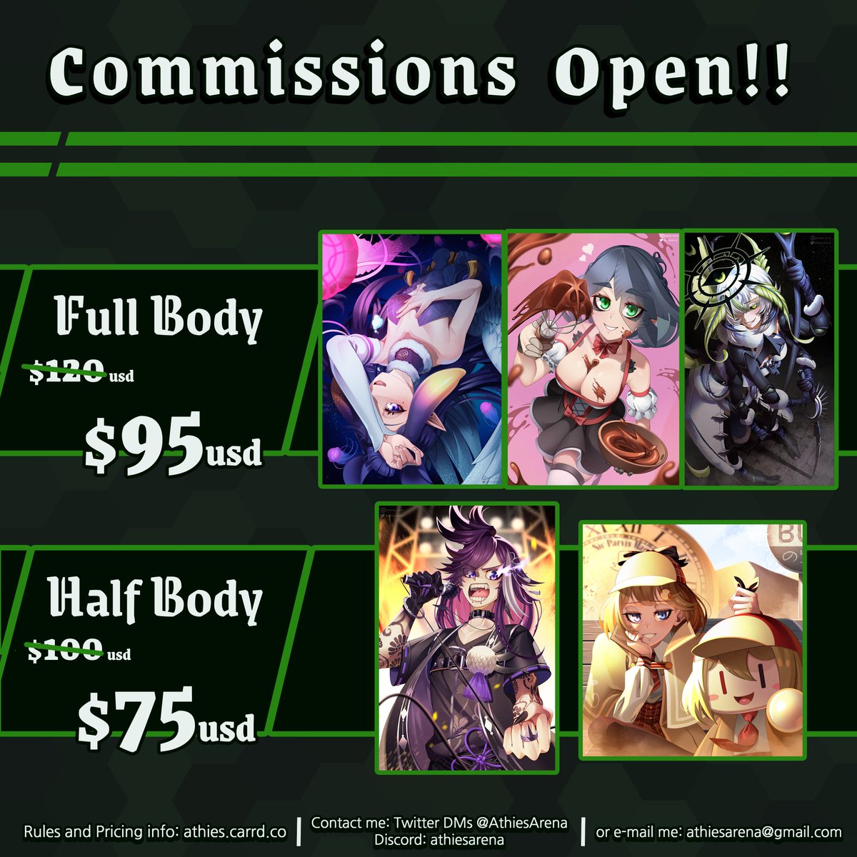 As always, here's your reminder that commissions are open. Movement has been a fair bit slower, so I'm cutting down prices until further notice. If you have any questions or want to order, feel free to message me!