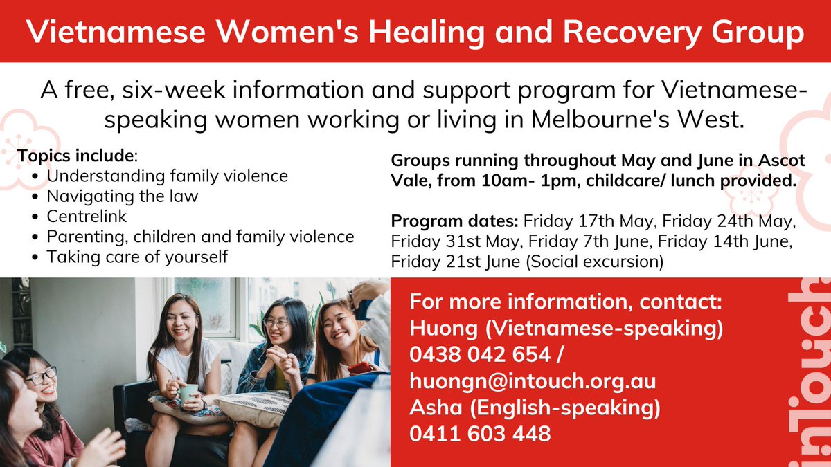Our wonderful team are running some free healing and recovery groups for #Vietnamese women who have experienced #FamilyViolence and are living or working in Melbourne's West. Sessions throughout May and June, lunch and childcare available. Details below.