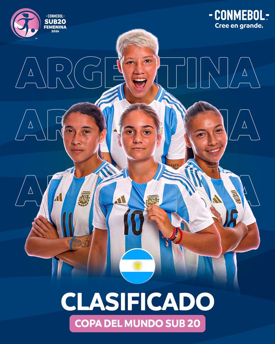 ¡Sacó pasajes a la Copa del Mundo! 🛫🇦🇷

@Argentina se aseguró un puesto entre los mejores de la CONMEBOL #Sub20Fem y participará de la próxima edición de la Copa Mundial Femenina Sub-20 de la FIFA™️. 🤩🏆

#CreeEnGrande