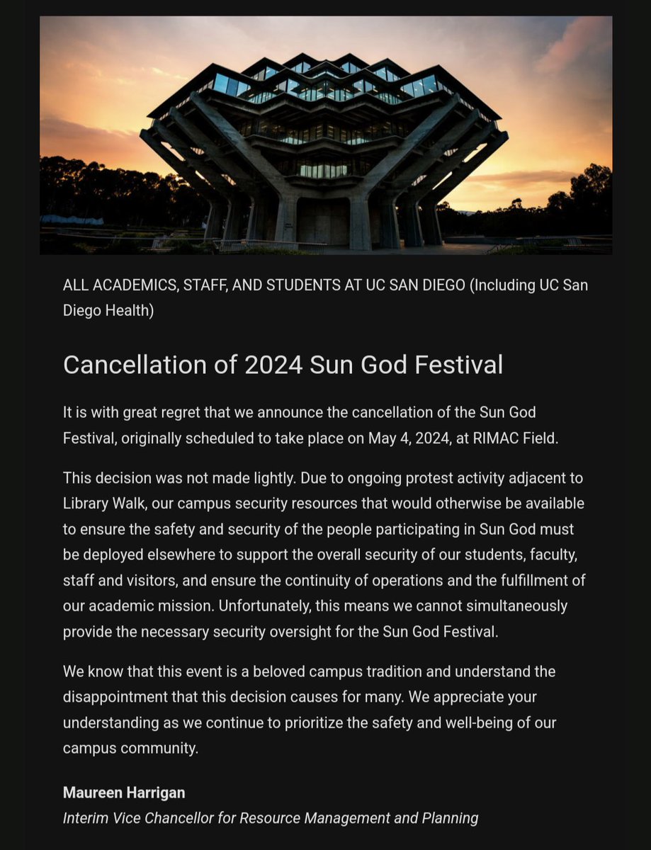 UCSD admin just announced the cancellation of the annual 'Sun God' festival which is the big annual music thing that undergrad students go to.
I wouldn't be surprised if this is admin's attempt to pit the protesters against the whole student body