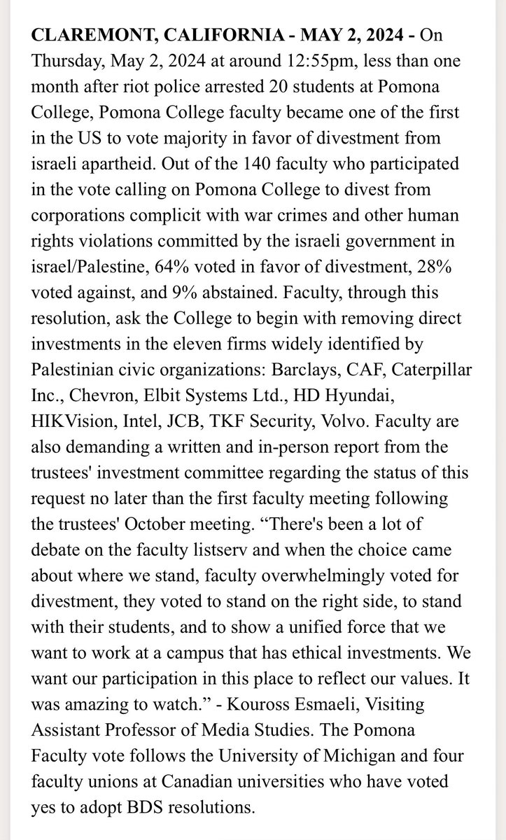 New: Pomona *faculty* vote 64% - 28% in favor of divestment from companies complicit in Israeli government human rights violations. Among the first university faculties to do so. Resolution asks school to begin with 11 firms including Barclays, Chevron, Elbit Systems, and more.