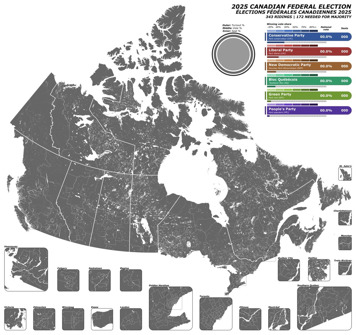 Finished my new Canadian federal electoral map + inserts, pretty happy with how it turned out