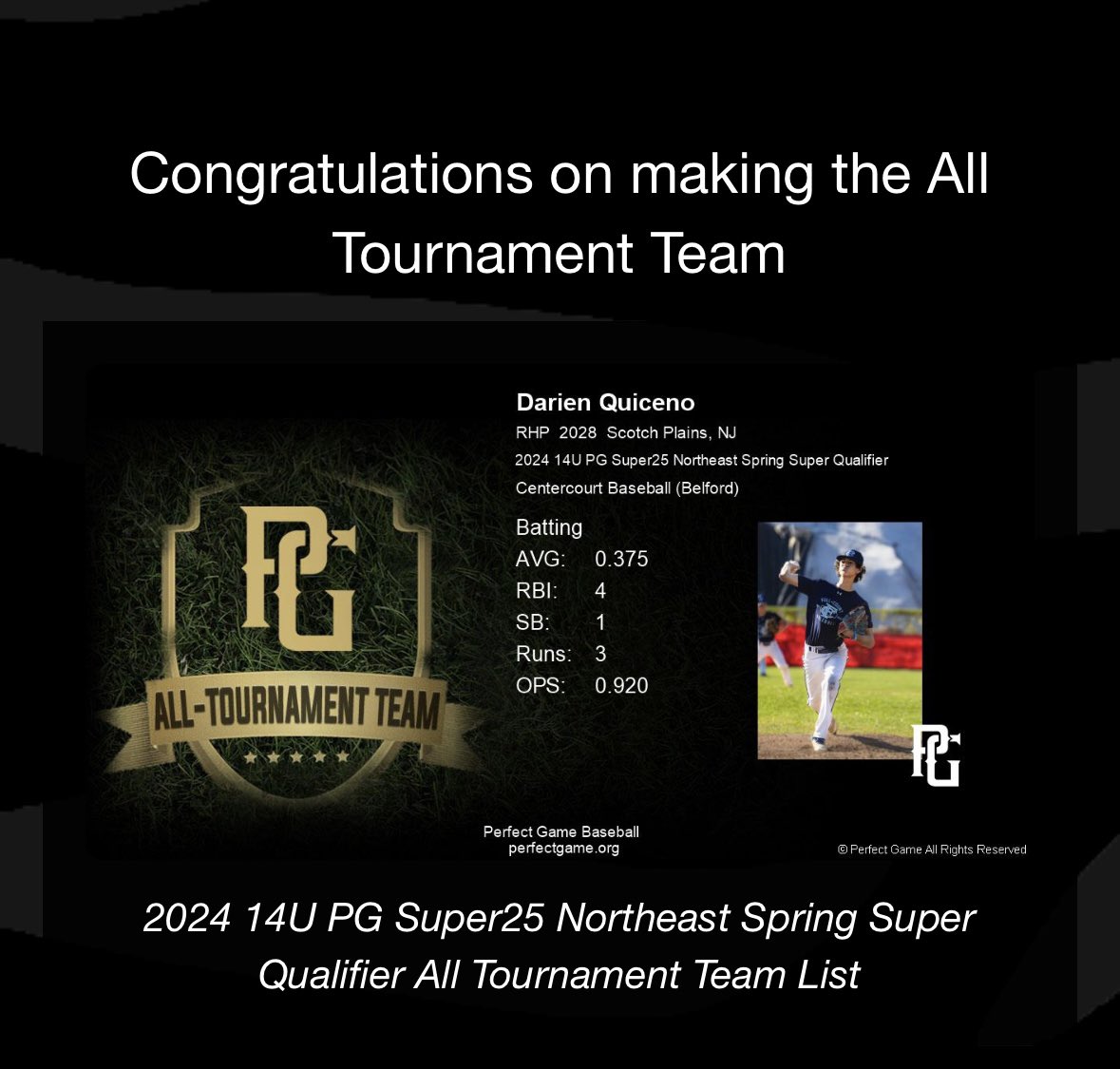 Nice run by our 14U Centercourt team at PG’s Super 25 Northeast Tourney making it to the Semis. Excited to make All Tourney Team for both hitting &amp; pitching.
<a href="/PGMidAtlantic/">PG Mid Atlantic (NY, NJ, PA, MD,DE,DC)</a> 
#spfbaseball2028