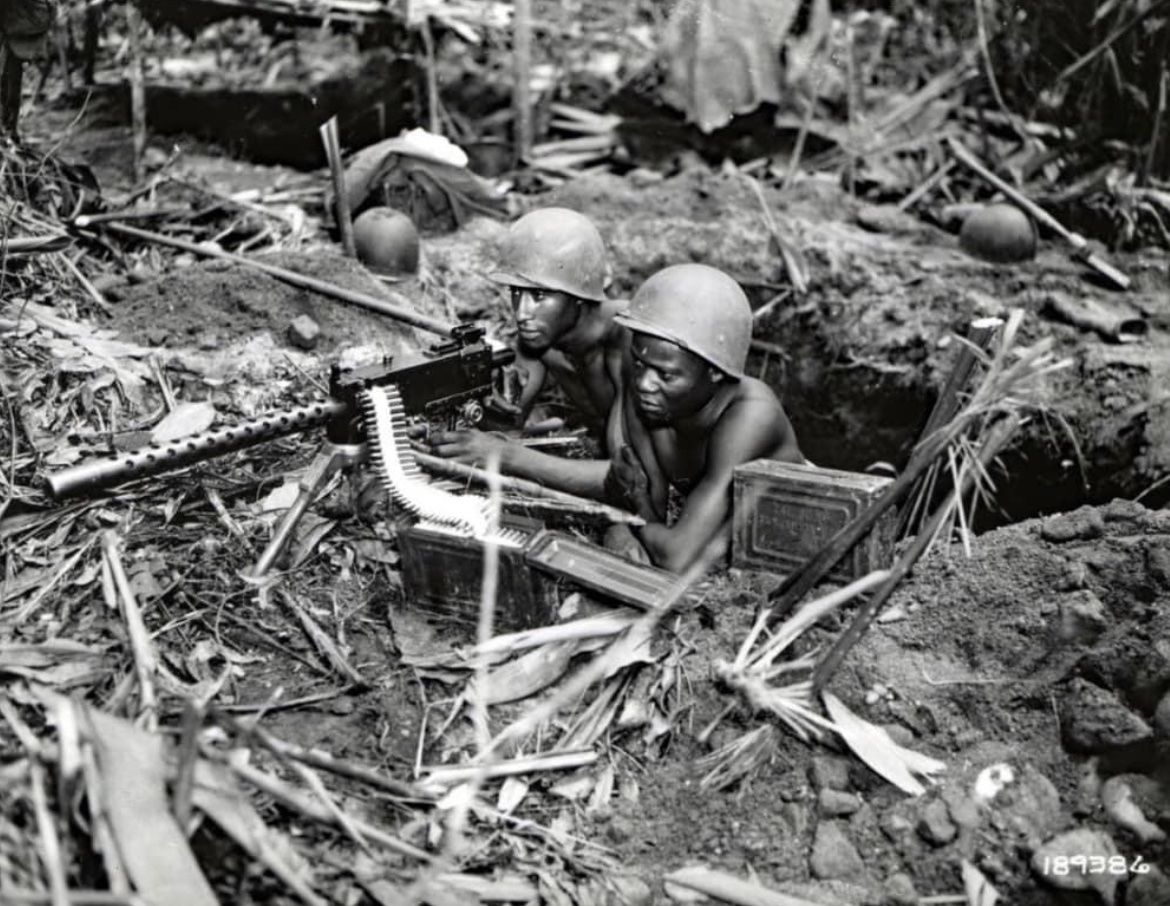 In May of 1944, Private William Leank and Private Adam Parham of the 93rd Infantry Division man a machine-gun position on the Numa-Numa Trail on Bougainville.🪖