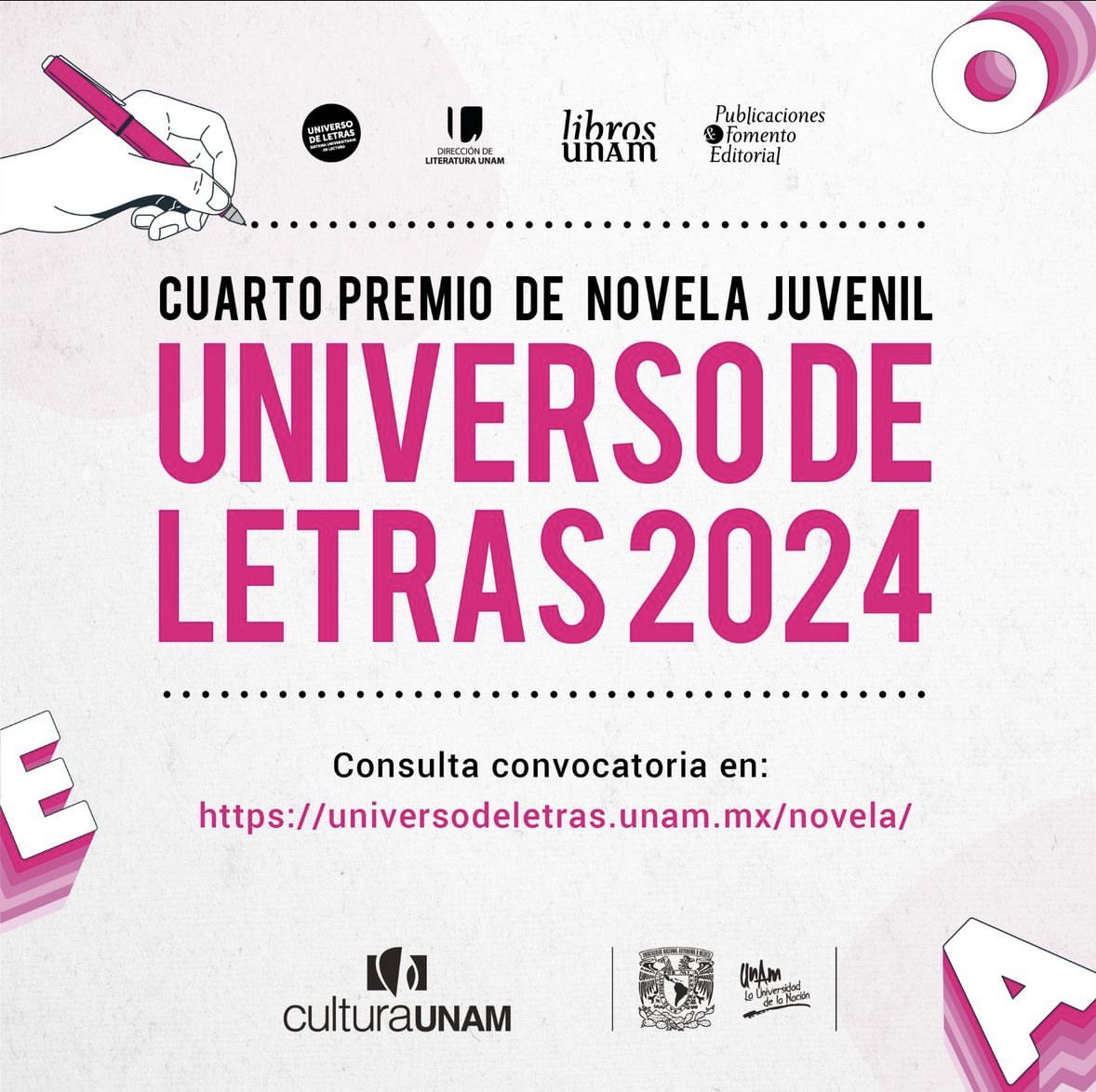 Autora, autor: no te quedes fuera del 4to Premio de Novela Juvenil, que convoca @universoUNAM. Cierra el 17 de mayo, el premio es de 200 mil pesos, más la publicación de la obra y su difusión por parte de @librosunam y @LiteraturaUNAM. Aquí, las bases: universodeletras.unam.mx/novela/