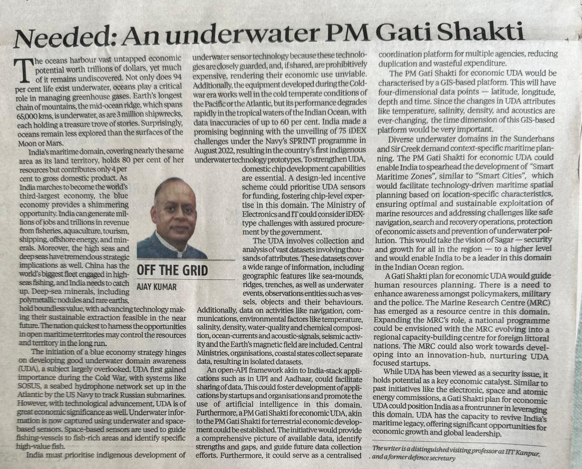 India's blue economy strategy hinges on developing robust underwater domain awareness, a critical yet overlooked aspect. My article titled : 'Needed: An Underwater PM Gatishakti” which appears in Business Standard today for the underwater domain awareness business-standard.com/opinion/column…
