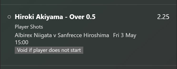 🇯🇵 J League

Hiroki Akiyama - Over 0.5 shots  

📊 L5 - 2,0,2,1,1 (As a starter)
🏠 L5 - 2,2,1,1,4

This price seems too good to be true for someone who has a great record at home. 

#soccertips #footballtips #shotsbets