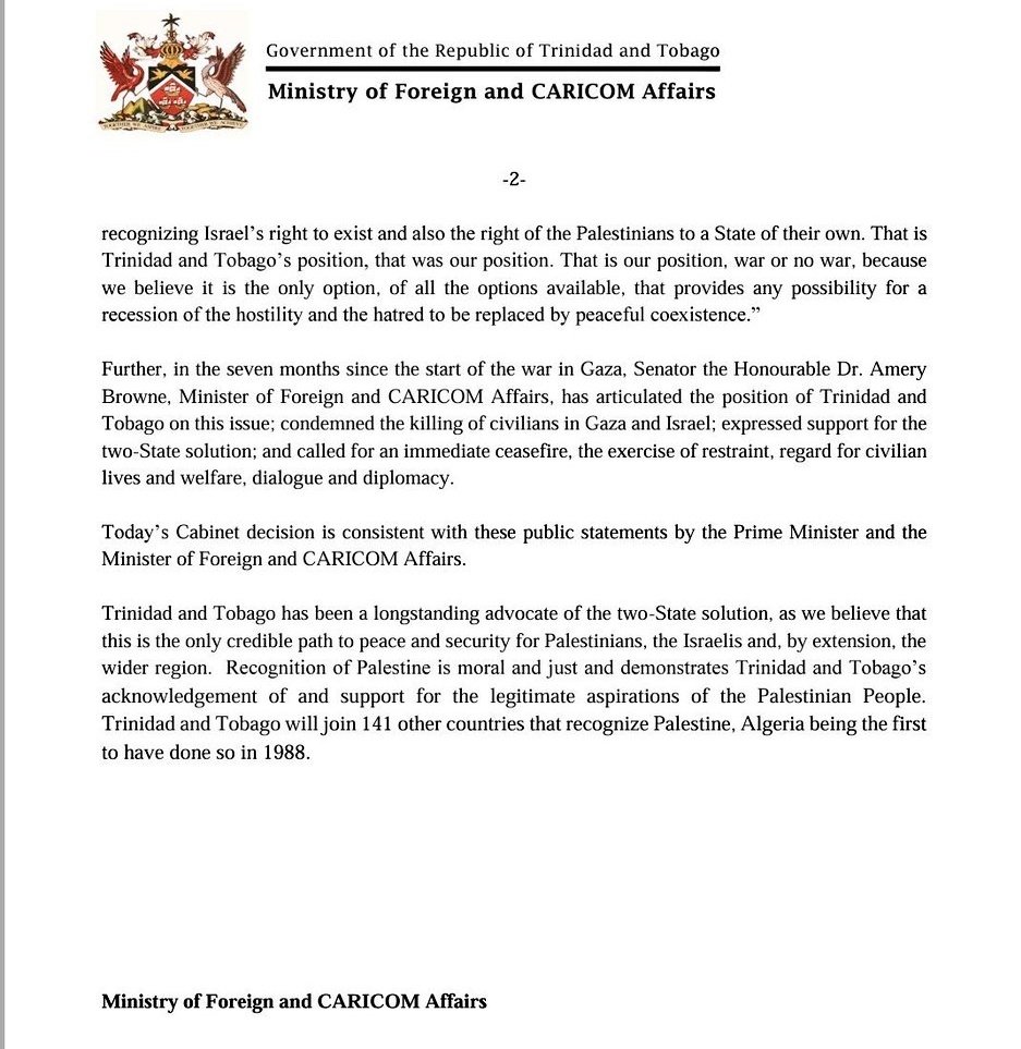 BREAKING: Trinidad and Tobago Announces It Will Recognise the State of Palestine It's the 143rd country to do this The Third Nation Within the Last Month. 🇹🇹🇵🇸
