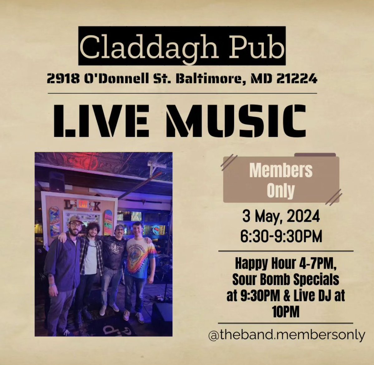 Tomorrow 👉 Make plans to join us here at Claddagh Pub. Live Music is happening at 6:30 till 9: 30, then we turn up the music with our DJ! Don't miss out on a good time!