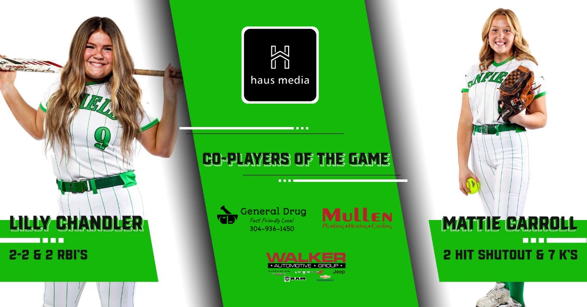 @haus_media Co-Players of the Game goes to @WinfieldSB @lillyychandlerr & @MattieMoo76 🔥 Carroll pitched a 2 hit shutout with 7 K’s and Chandler went 2-2 with 2 RBI’s in the Lady Generals victory over Point Pleasant 3-0‼️🥎 Sponsored By: @walkercdjrwv , Mullen Plumbing & HVAC ,…