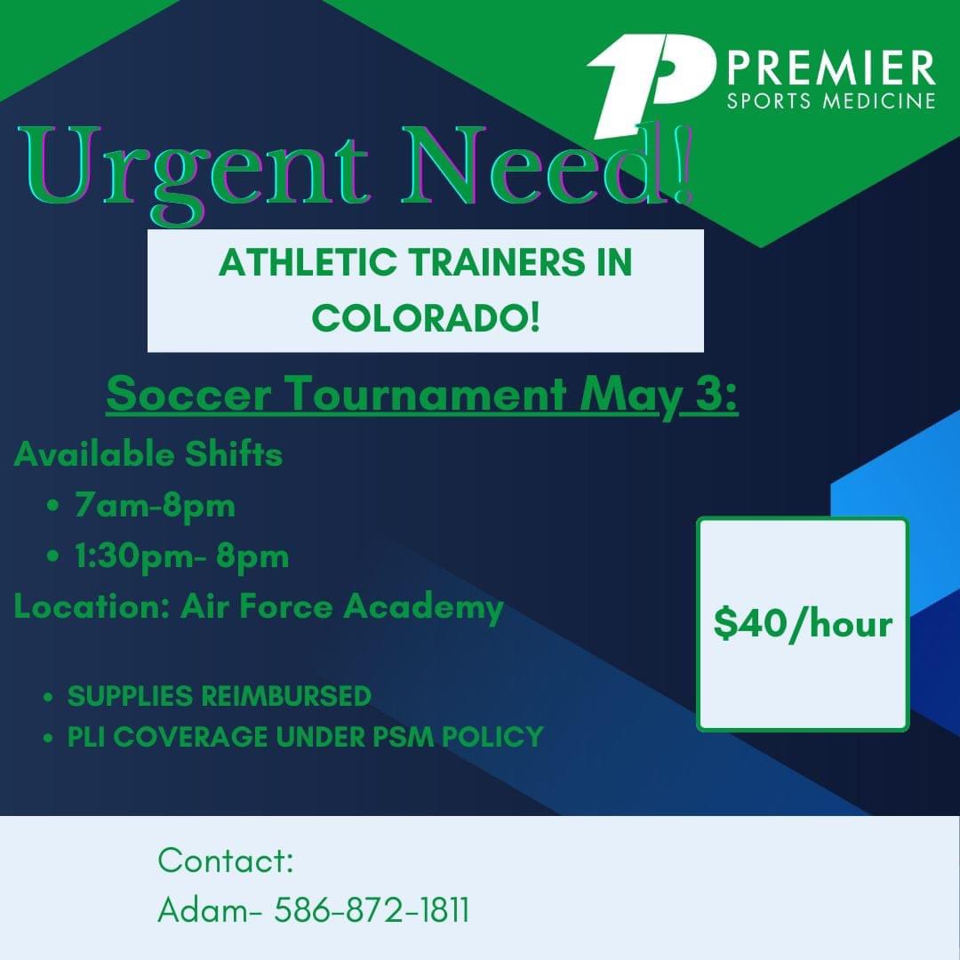 We’re hiring! @ColoradoATA #PermierSportsMedicine #ATtwitter #AT4ALL #PerDiem #AthleticTrainer