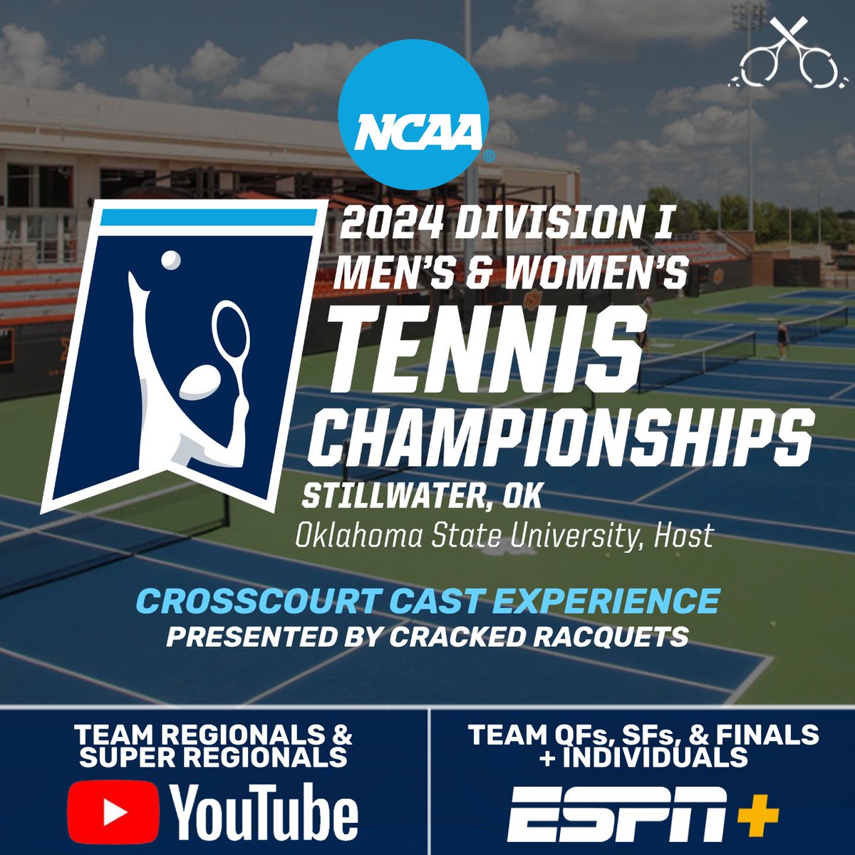 Thrilled to announce our @CrossCourt_Cast coverage of the 2024 @NCAATennis DI Men’s and Women’s Championships! Team - 5/3 - 5/19 All Rounds Individuals - 5/20 - 5/25 All Rounds CR YouTube: youtube.com/@CrackedRacque… ESPN+: espn.com/espnplus/sched… #NCAATennis | #MayMadness