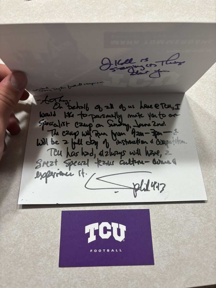 Thank you @MTommerdahl and @TCUFootball for the personal invite to the specialist camp! @FitchFootball @CoachTJ_Parker @coach_polder @D_Madden_Punter