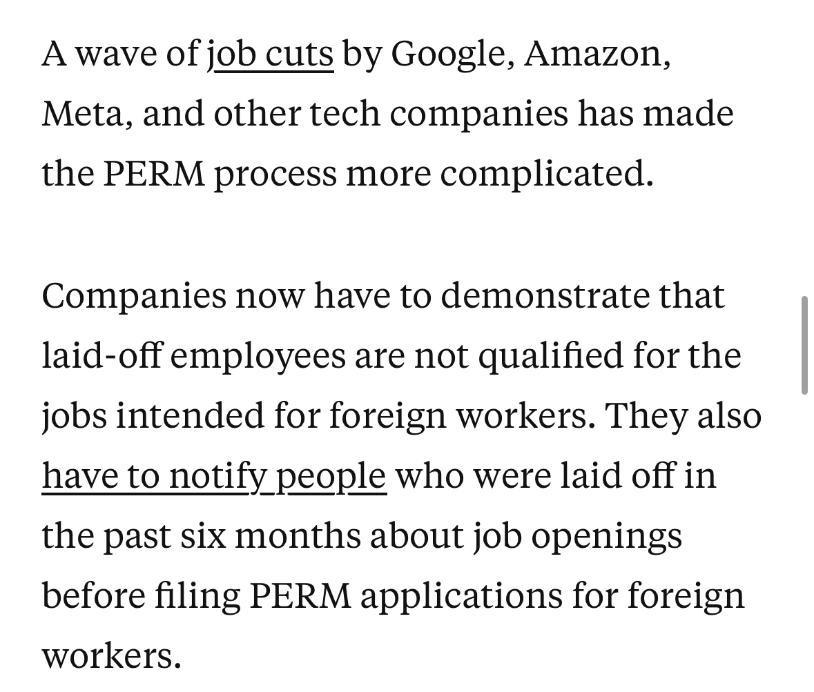 PSA: Amazon / Google have paused green cards for immigrants. Companies have to notify workers laid off in the past 6mo before filing a PERM for foreign workers, a key step to filing an I-140 for your green card. Without this, you cannot renew your H-1B beyond 6yrs.