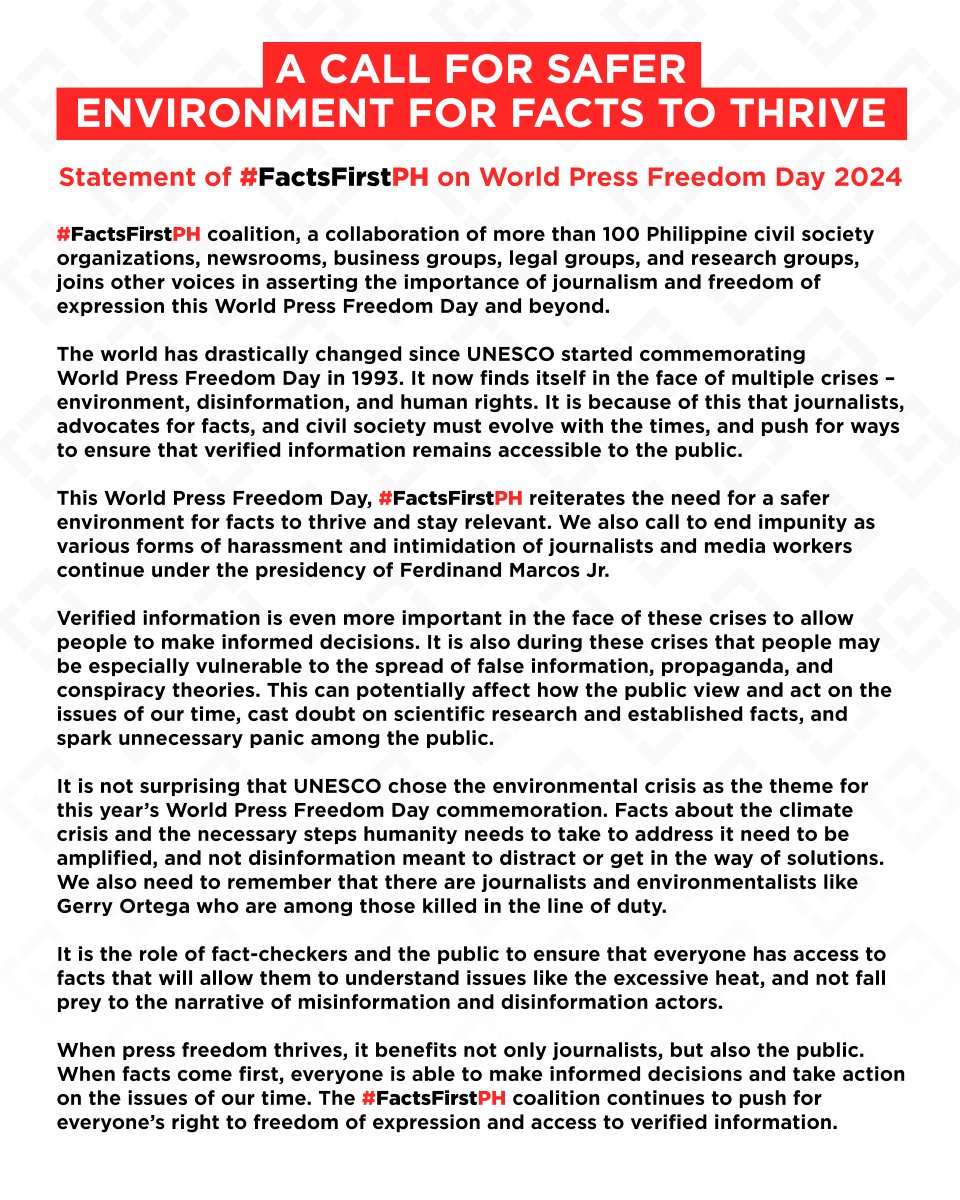 In a statement for #WorldPressFreedomDay 2024, the #FactsFirstPH coalition reiterates the need for a safer environment for facts to thrive and stay relevant as the world finds itself in the face of multiple crises. “When press freedom thrives, it benefits not only journalists,…