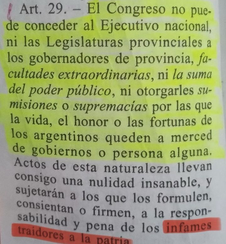 Artículo 29 de la constitución está penado con traición a la patria dotar de facultades extraordinaria a una sola persona 
@SenadoArgentina
@Senadores_UxP
#NoLeDesMásVueltas