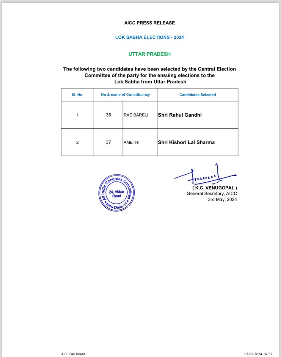 Finally - it’s official .. @RahulGandhi from Rae bareili .. and Sonia gandhi’s advisor , manager KL sharma from amethi