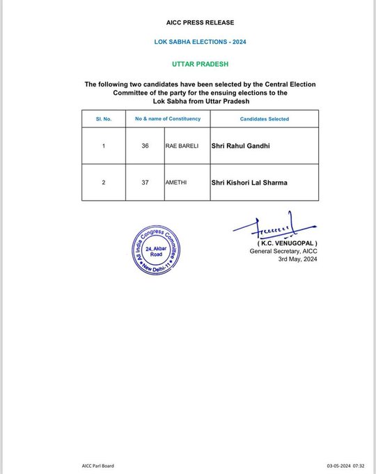 RaeBareli: Rahul Gandhi from Rae Bareli. Kishori Lal Sharma from Amethi contests elections.