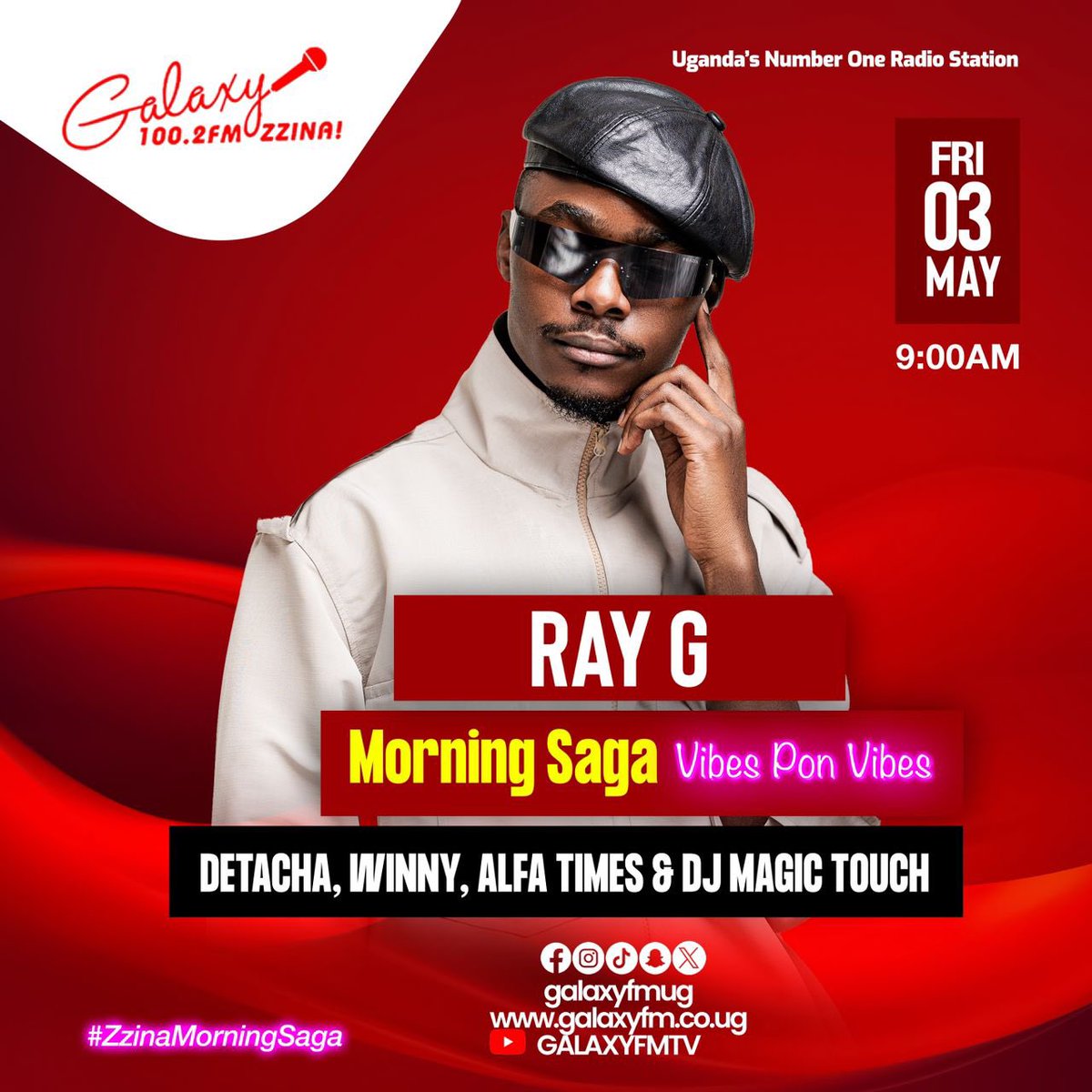Your favorite Friday switch-up is here! @deejaylx256 on the #ZzinaMorningSaga live on @GalaxyFMUg 6am - 10am! Let’s get this day started Guest: @Ray_G_official Listen here: galaxyfm.co.ug/radio This is not just a show, It’s an experience Man A Star
