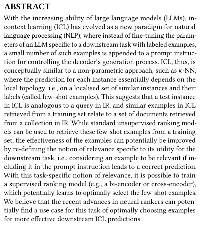 _reachsumit's tweet photo. "In-Context Learning" or: How I learned to stop worrying and love "Applied Information Retrieval"

Draws an analogy between ICL for LLMs and IR, proposes IR techniques to improve few-shot example selection and enhance downstream genAI tasks.

📝https://t.co/0J9cMJVBrq https://t.co/Wj954GakIU