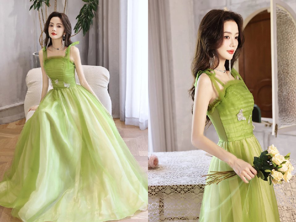 Light Green A Line Straps Tulle Long Party Dress, Light Green Tulle Prom Dress