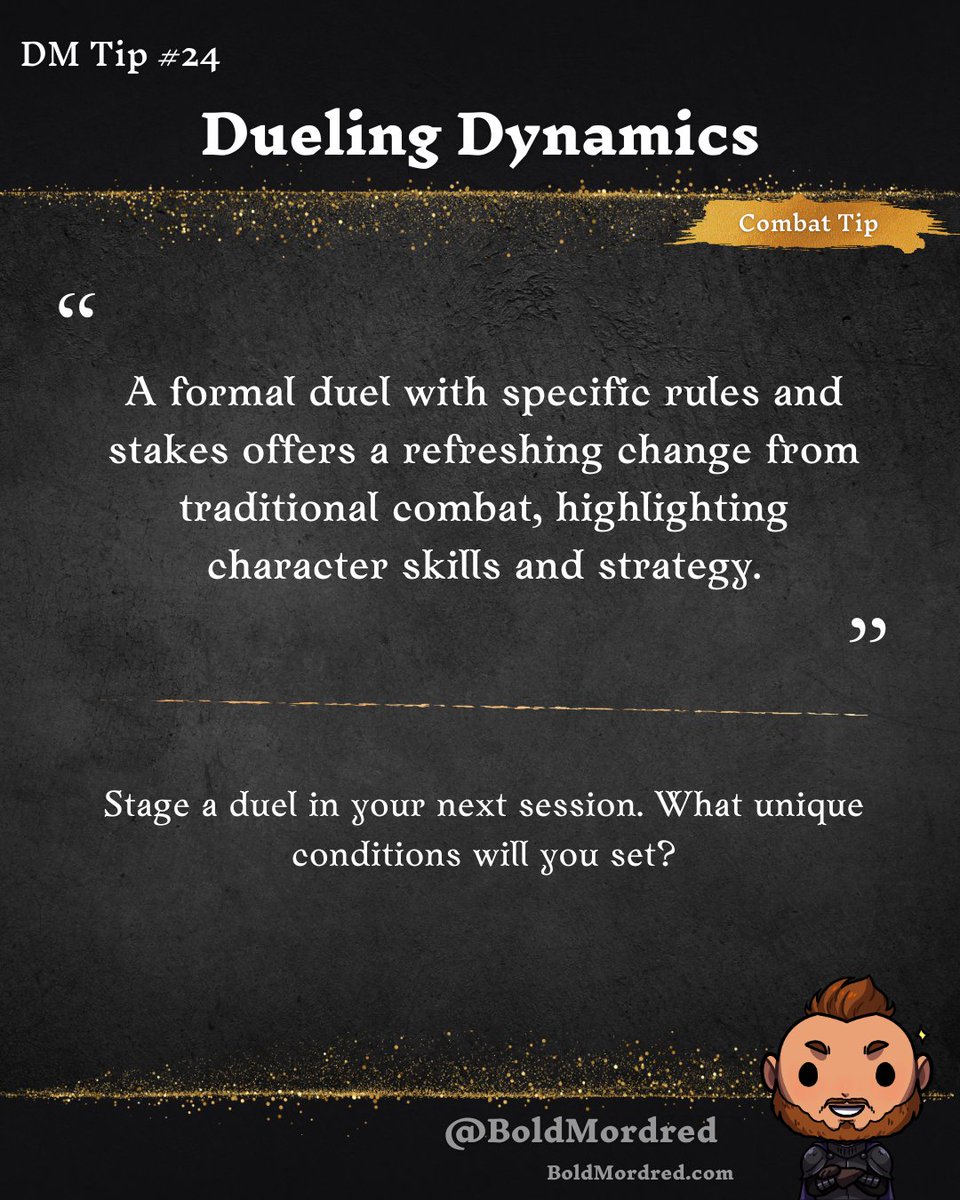 Stage a duel in your next session. What unique conditions will you set?

boldmordred.com
#DnD, #DungeonsAndDragons, #TTRPG, #DMTips, #DnD5e, #TabletopGaming, #Roleplay, #Storytelling