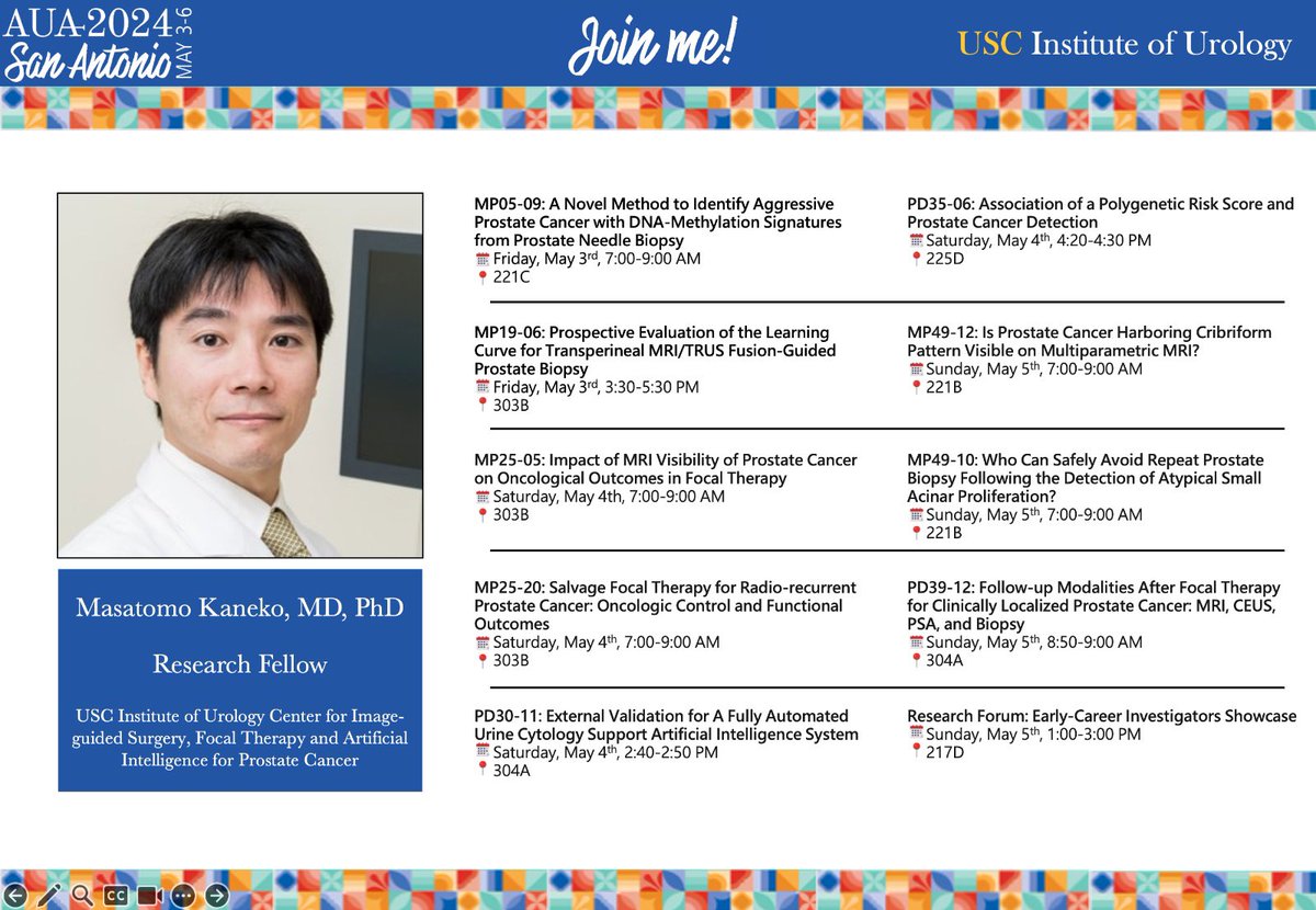 Dr Andre Abreu (@aldcabreu) on Twitter photo Proud that the Center for Image Guided Surgery, #focaltherapy and #AI for #ProstateCancer at <a href="/USC_Urology/">USC Urology</a> is presenting 14 abstracts at the #AUA24
Strong work by the fellows and team
Follow <a href="/lorenzormc/">Lorenzo Storino Ramacciotti</a> and <a href="/KanekoMasatomo/">Masatomo Kaneko</a> for in depth discussion during the presentations Proud that the Center for Image Guided Surgery, #focaltherapy and #AI for #ProstateCancer at <a href="/USC_Urology/">USC Urology</a> is presenting 14 abstracts at the #AUA24
Strong work by the fellows and team
Follow <a href="/lorenzormc/">Lorenzo Storino Ramacciotti</a> and <a href="/KanekoMasatomo/">Masatomo Kaneko</a> for in depth discussion during the presentations