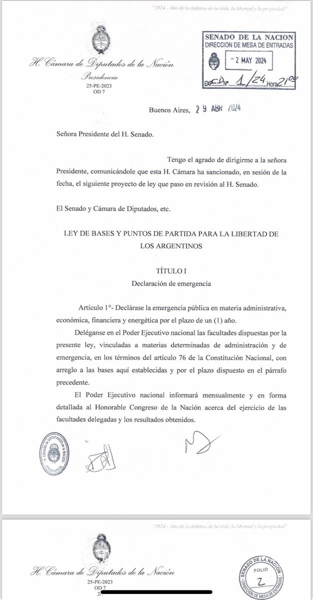 Entra la ley de bases y el paquete final al senado