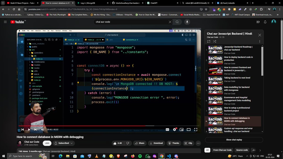 Starting my day with a cup of chai☕️and some coding! Thanks to @Hiteshdotcom, I've just begun learning backend development from Chai Aur Code. Their tutorials are clear and concise, making it easier for me to learn and write production-grade code. #ChaiAurCode #BackendDevelopment