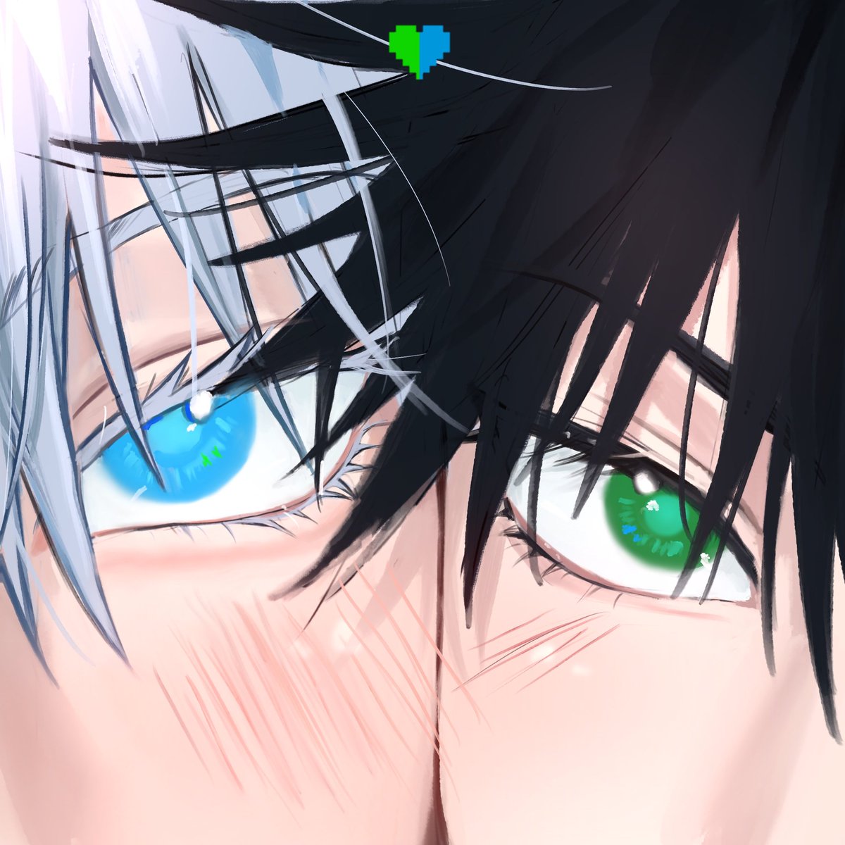 fushiguro megumi ,gojou satoru looking at viewer blush short hair blue eyes black hair hair between eyes green eyes  illustration images