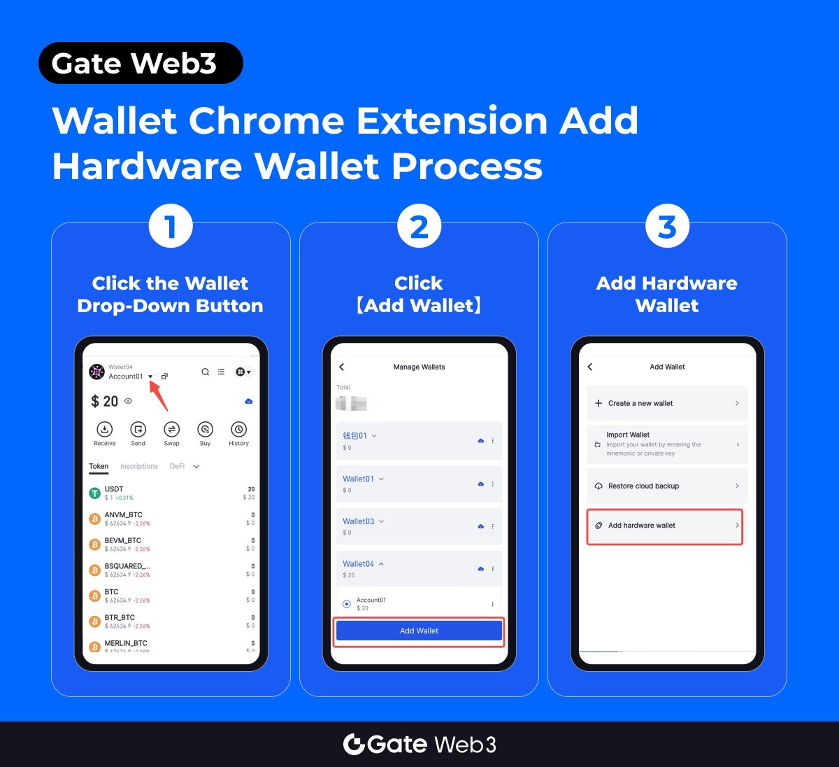 📣#GateWeb3Wallet Upgraded!

✅Chrome Extension supports the #HardwareWallet function

🤔Add Hardware Wallet only takes 3 steps👇

#GateWeb3 #HardwareWallet